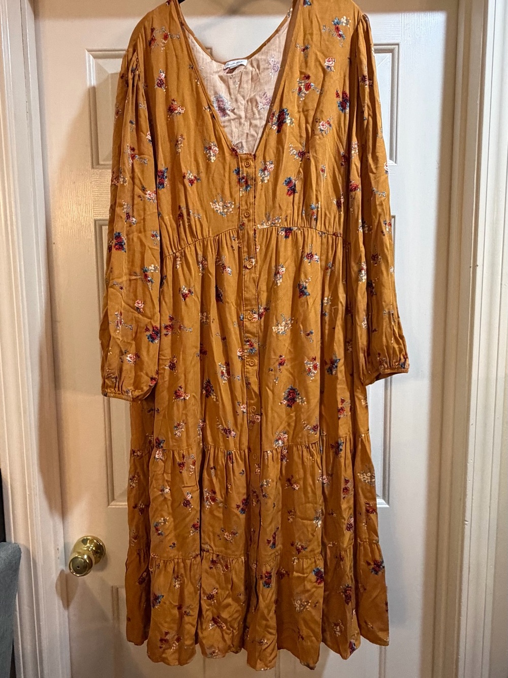 love, Fire Mustard Floral Maxi Dress with Button Front Size 1X
